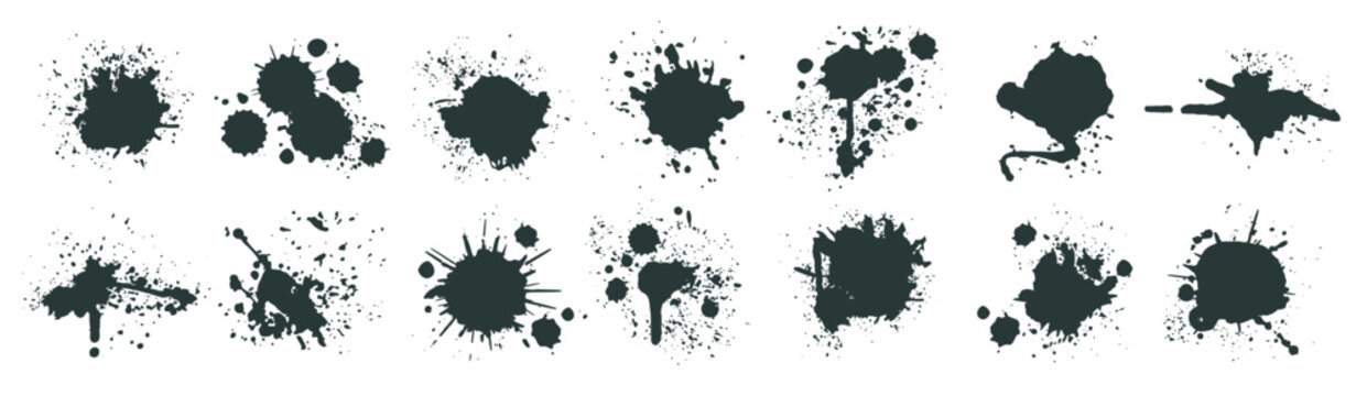 Ink drops and splashes. Blotter spots, liquid paint drip drop splash and ink splatter. Set of splashes, blots. Black inked splatter dirt stain splattered spray splash, vector illustration.