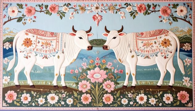 Traditional Indian Folk Art Painting of Two Decorated Cows.