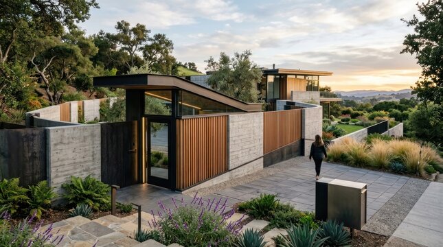 A modern, minimalist house with a sloped roof and glass walls, situated in a lush, green landscape with a person walking towards it.