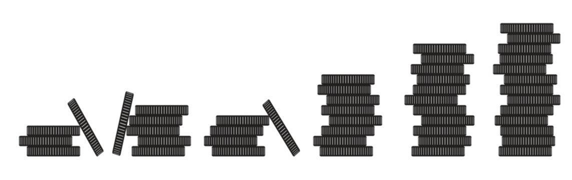 A simple black and white illustration depicting stacks of coins in a minimalist style high quality. Coin Stack Silhouette Icon Set Solid Black Coin Pile for Finance, vector illustration.