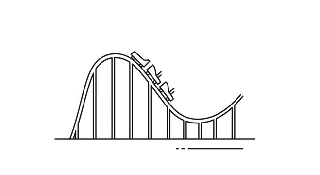 Roller Coaster Ride Descending Steep Drop, Amusement Park Thrill Ride, Line Art Icon
