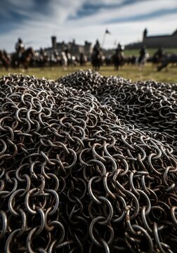 Metal chainmail armor lies on the battlefield before a charging cavalry.