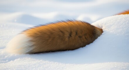 Obraz premium Red fox tail rests on a thick layer of white snow.