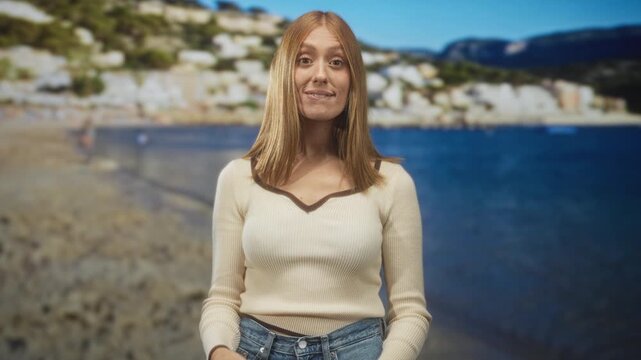 Woman showing chest and lip bite while making varied facial gestures and smiles in front of a beach backdrop in a studio; playful joy.