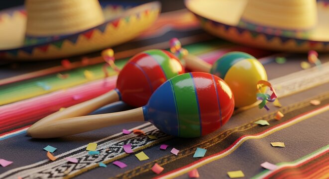 Vibrant maracas and sombreros for festive Latin music.