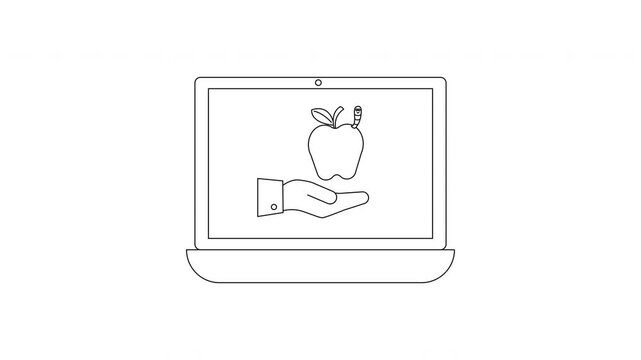 Hand holding apple on laptop screen line art.