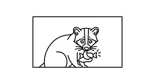 Raccoon Eating Fish Line Art Illustration