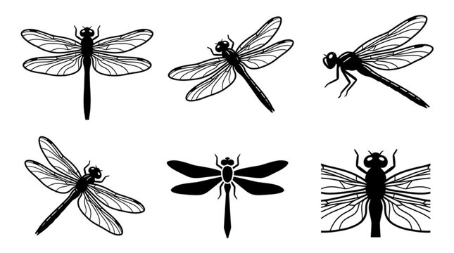 Black dragonflies in various poses.