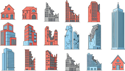 Urban Building Vector Set with Houses Skyscrapers Partially Damaged Collapsed Structures for Cityscape Construction Architecture Disaster Illustration © MDFiroj