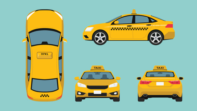 Yellow taxi car set with side, top, front, and rear view, modern city transport vehicle with roof sign and checker for automotive, urban mobility, and ride service concept, flat vector illustration
