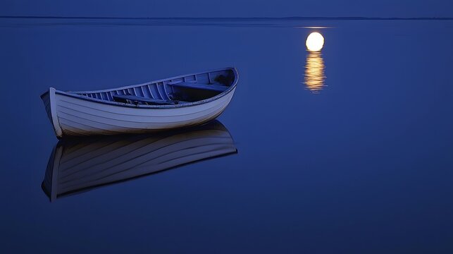 Dreamy night water with lonely boat high resolution picture