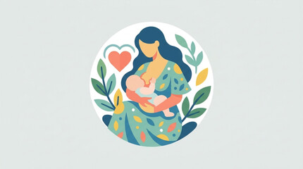 Obraz premium A mother breastfeeding her baby surrounded by leaves and a heart on a clean white background with a warm and nurturing mood