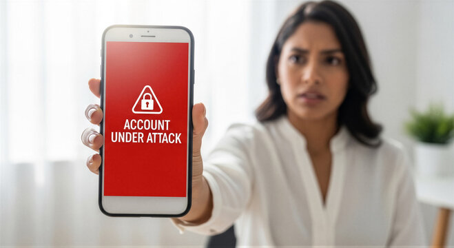 Worried woman holding a smartphone showing an account under attack security alert on the screen