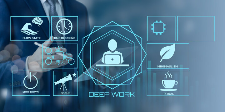 Conceptual illustration showing deep work principles with icons for focus productivity and efficiency techniques