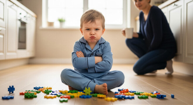 A grumpy toddler boy in blue pajamas sitting on the kitchen floor with colorful building blocks, arms crossed, with his mother in the background
