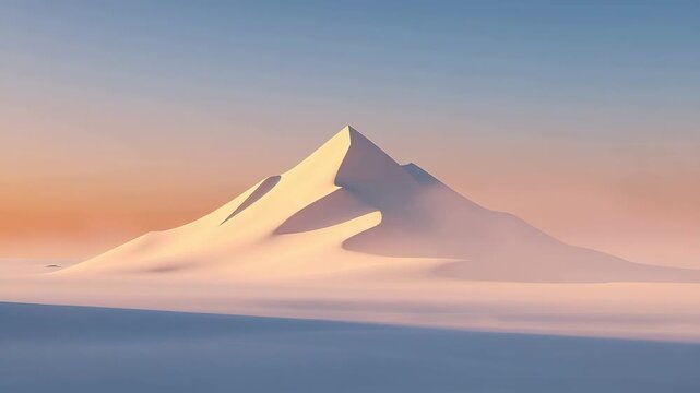 Serene snow covered mountain landscape at dawn with soft pastel colors and peaceful natural beauty
