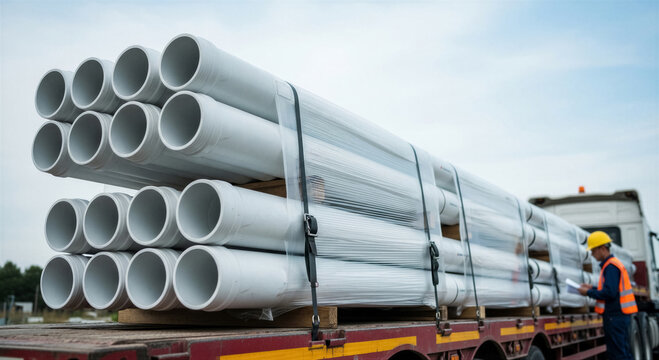 Industrial worker checking a delivery of large white pvc pipes loaded on a flatbed truck at a construction site