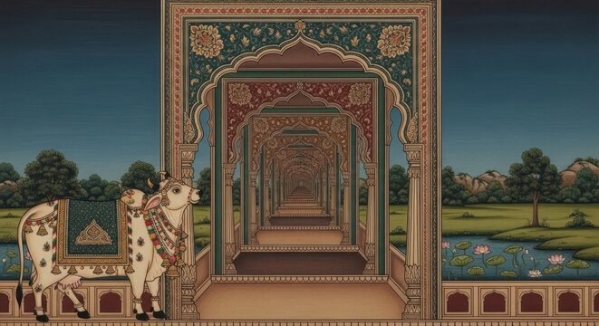 Traditional Indian Miniature Painting of a Palace Corridor with Cows.