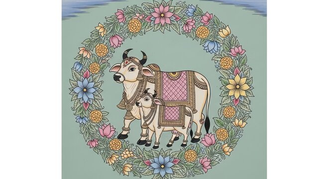 Traditional Indian Miniature Painting of a Mother Cow and Calf Adorned with Floral Wreath.