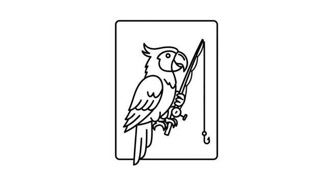 Funny Parrot Fishing with Rod and Hook, Cartoon Style