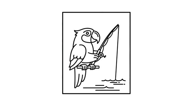 Funny Parrot Fishing with Rod and Reel, Cartoon Style
