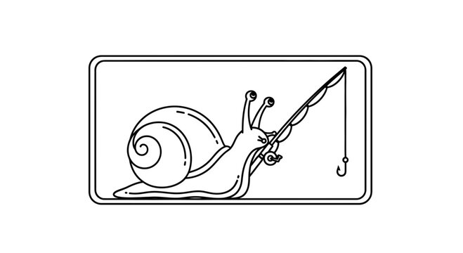 Funny Snail Fishing with Rod and Hook, Outline Illustration