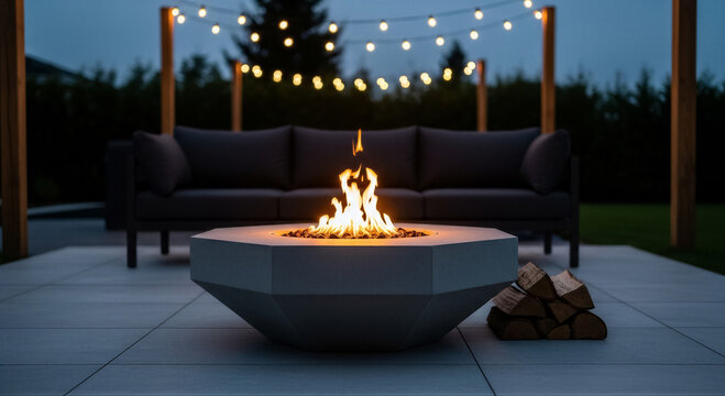 Modern concrete fire pit on a patio with a comfortable outdoor sofa and string lights in the background at twilight