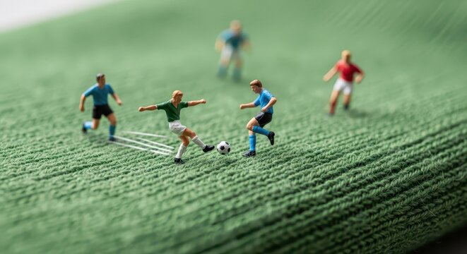 Miniature figures play a soccer match on a green fabric surface.