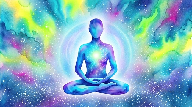 Meditating human silhouette with glowing energy centers and colorful watercolor nebula galaxy yoga day background