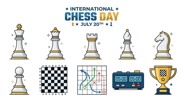 Chess Pieces Board Clock and Trophy for International Chess Day Celebration