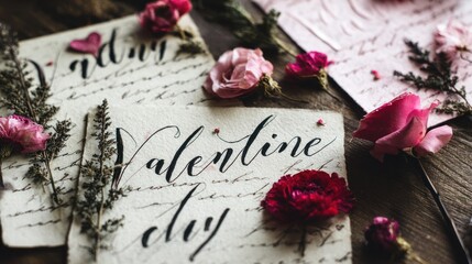 Naklejka premium Valentines day concept with roses and handwritten calligraphy on paper