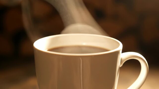 Steaming white mug of black coffee in warm light