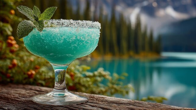 Luxury turquoise alpine cocktail in crystal coupe with sugar rim and mint on rustic wooden surface, Canadian Rockies backdrop with emerald lake, pine forests, misty mountains, soft daylight