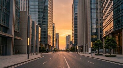 Obraz premium Modern City Street at Sunset with Tall Buildings and Warm Light
