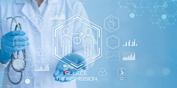 Medical professional examining genetic allele transmission with digital health icons and data visualization elements