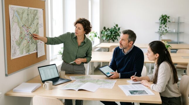 A teacher and two students in a classroom, discussing a map of a mountain range.