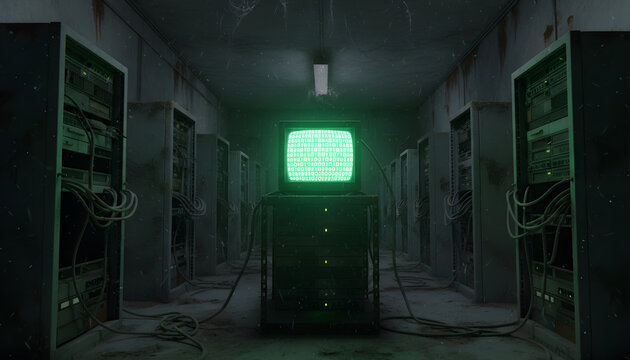 Dark abandoned server room with glowing green monitor