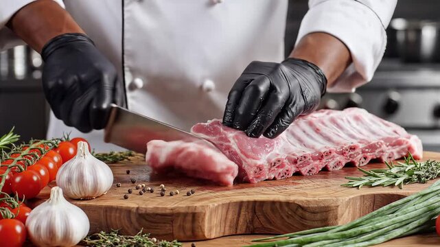Chef preparing raw pork ribs for cooking with fresh ingredients.
