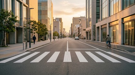 Fototapeta premium Modern City Street with Pedestrian Crossing and Buildings at Sunset