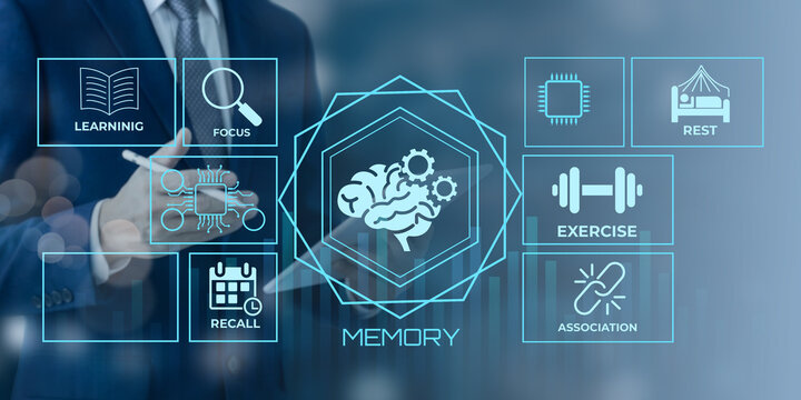 Modern digital illustration showing factors improving memory with brain and cognitive enhancement icons