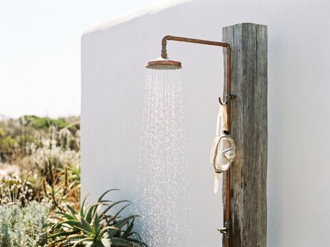 Rustic outdoor shower with a copper-toned head and wooden post spraying water on a sunny day, set against a white wall and natural landscape.