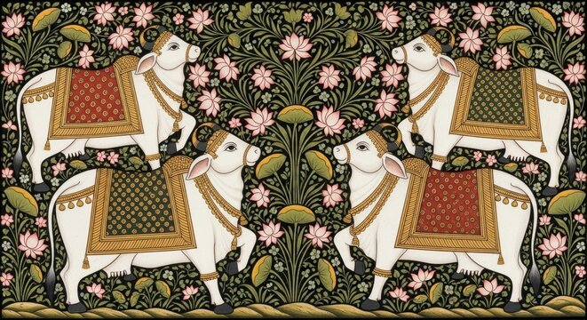 Traditional Indian Miniature Painting of Four Sacred Cows Adorned with Elaborate Textiles.