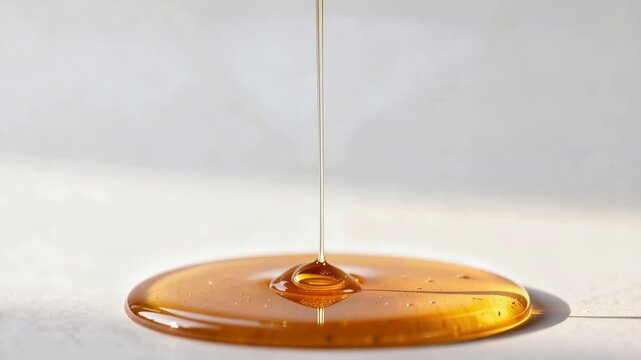 Slow motion video of golden honey dripping from wooden dipper showing glossy texture and natural sweetness