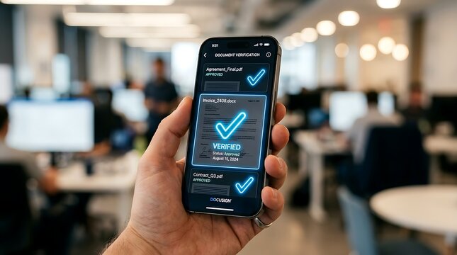 A person holding a smartphone displaying a document verification app with approved files in an office setting imagine studio