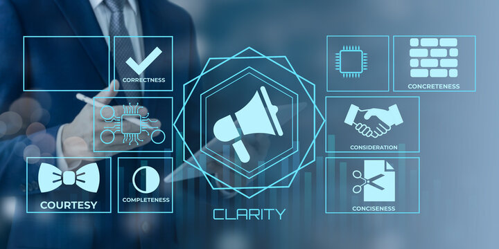 Professional presenting key principles of effective communication with clarity and precision in a business setting