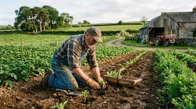 A farmer tending to a field of crops, wearing a hat and plaid shirt, with a barn in the background.