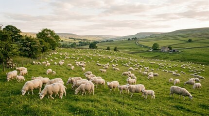 Fototapeta premium A flock of sheep grazing in a lush green field with rolling hills in the background.