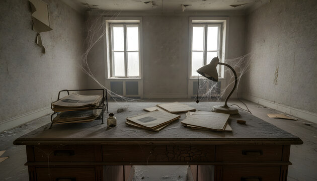 Abandoned office desk displaying decay and neglect