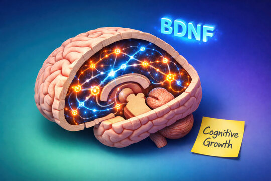 Neuroscience concept of an active brain with BDNF promoting cognitive growth. mind shows glowing synapse connections for improved intelligence, memory, and learning