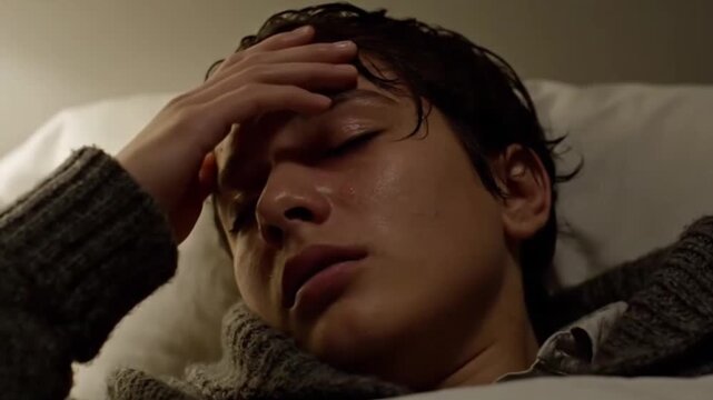 A person lying down with a hand on their forehead while feeling sick.